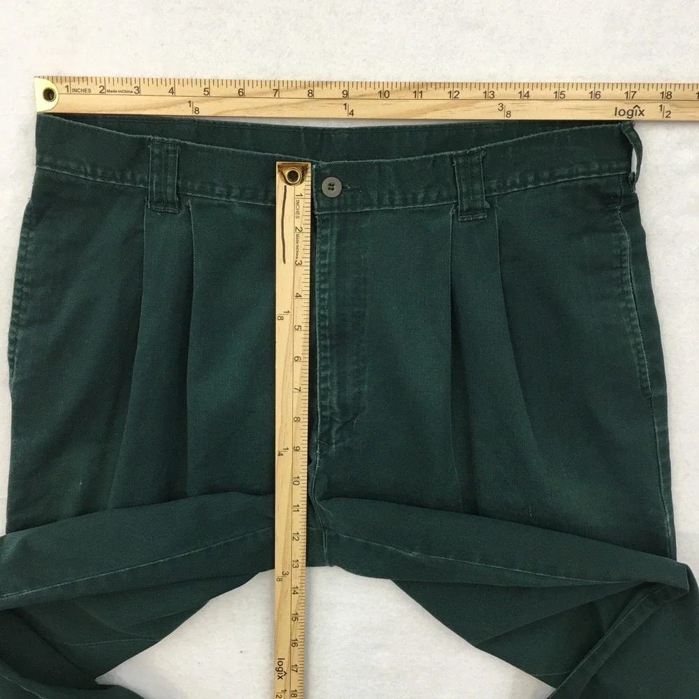 VINTAGE Mens Double Pleated Relaxed Chino Pants Green Cotton Made in USA 34x29